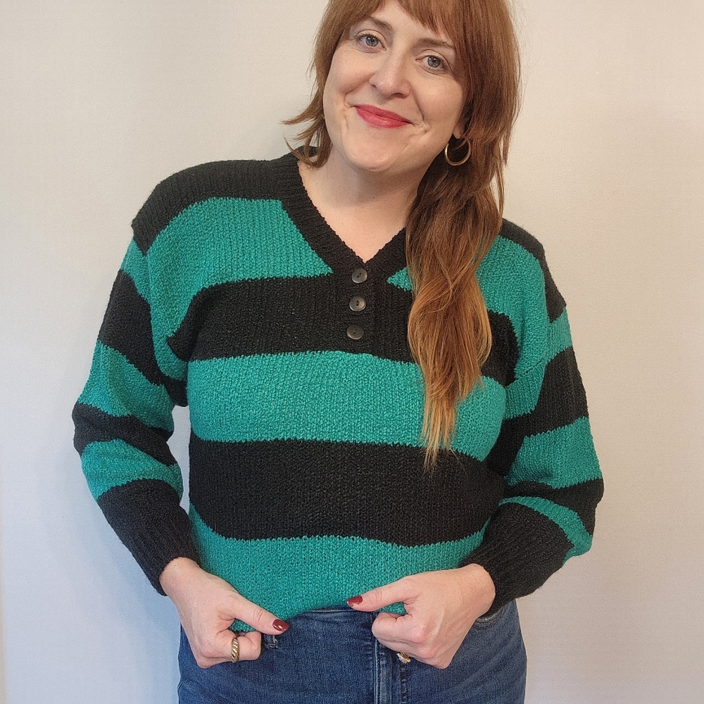 90s Green & Black Stripe Henley Sweater
